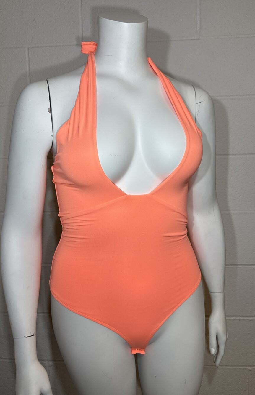 REORIA Women’s Bodysuit Halter Top Neon Orange Size S